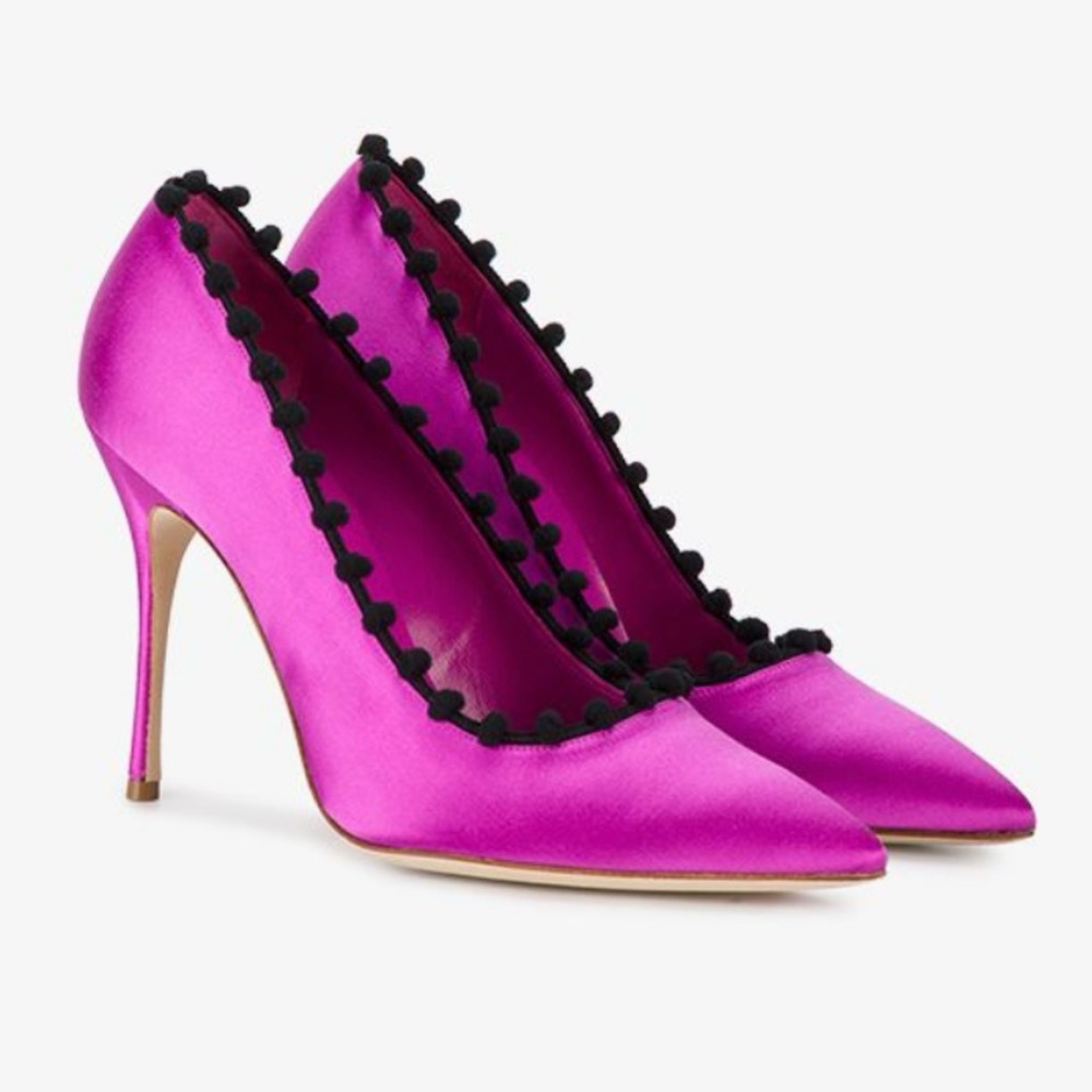 Manolo Blahnik Fuchsia Satin Pointed-Toe Pumps with Black Pom-Pom Trim